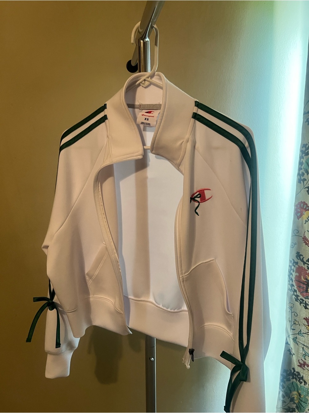 White Track Jacket with Green Stripes - Sporty Zip-Up - Picture 2 of 4